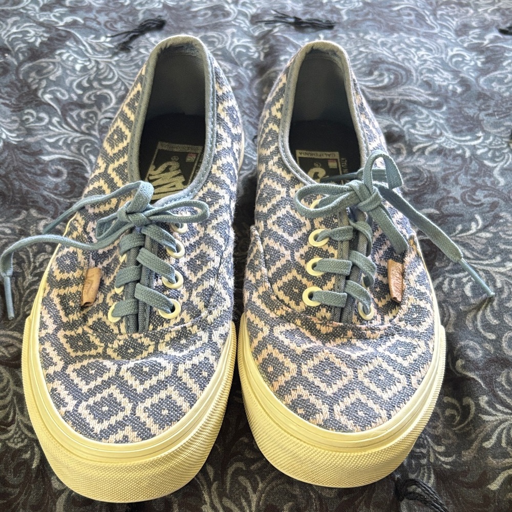 Vans Blue Patterned Canvas Low-Top Sneakers with Cream Sole